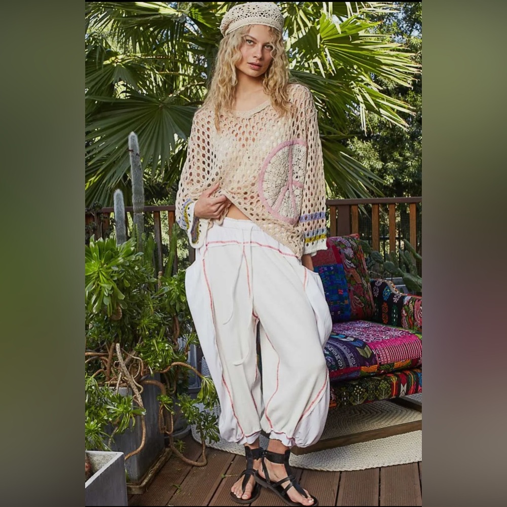 POL Open-Knit V-Neck Sweater in Beige with Pink and Blue Accents - Picture 7 of 11